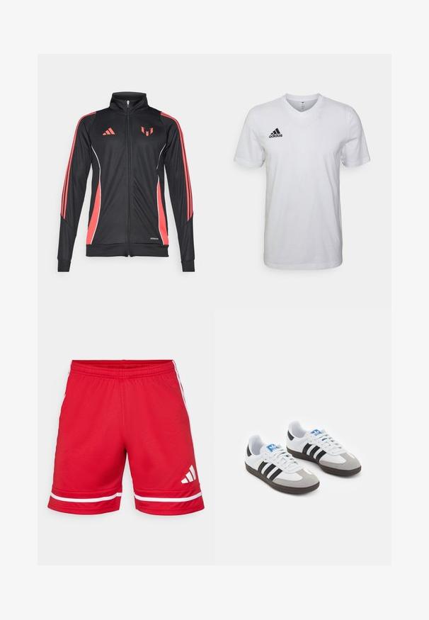 Zwarte sportjack met rode accenten, ritsluiting, hoge kraag en witte piping. Bevat drie verticale strepen op de mouwen. Aeroready branding zichtbaar.; Witte katoenen t-shirt met een v-hals, korte mouwen en een zwart Adidas-logo op de linkerkant van de borst. Eenvoudig en lichtgewicht ontwerp.; Rode sportshorts van lichtgewicht stof, met witte horizontale strepen aan de zoom en een wit logo op het linkerpunt.; Sportschoenen met een witte leren bovenkant, grijze suède neus en drie zwarte strepen. Bevat een blauw logo op de tong en een gestructureerde rubberen zool.