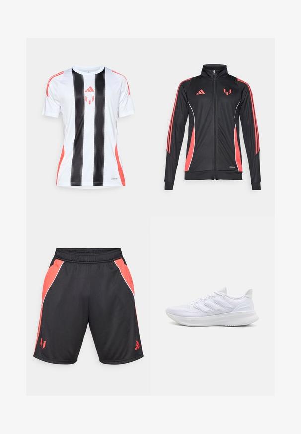 Schwarze Sportjacke mit roten Akzenten, Reißverschluss, hohem Kragen und weißen Paspelierungen. Mit drei vertikalen Streifen auf den Ärmeln. Aeroready-Branding sichtbar.; Weißes Sporttrikot mit schwarzen vertikalen Streifen und roten Akzenten an den Schultern. Verfügt über die AeroReady-Technologie zur Feuchtigkeitsregulierung.; Schwarze Sportshorts mit roten Seitenpaneelen, weißen Akzenten, einem elastischen Bund und einem Logo auf dem unteren linken Bein.; Weiße Sportschuhe mit einem strukturierten Mesh-Obermaterial, einer stützenden gepolsterten Sohle und einem drei Streifen-Design an der Seite.