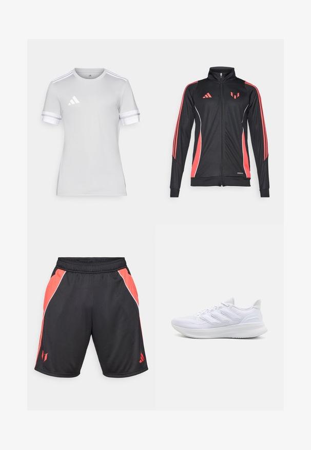 Chaqueta deportiva negra con acentos rojos, cierre de cremallera, cuello alto y ribetes blancos. Presenta tres franjas verticales en las mangas. Marca Aeroready visible.; Camiseta atlética de manga corta, tejido gris claro, cuello redondo, acentos en blanco con tres rayas en las mangas, pequeño logo reflectante en el pecho.; Pantalones cortos deportivos negros con paneles laterales rojos, ribete blanco, cinturilla elástica y un logo en la parte inferior de la pierna izquierda.; Zapatillas deportivas blancas con una parte superior de malla texturizada, suela acolchada y soporte, y un diseño de tres rayas en el lateral.