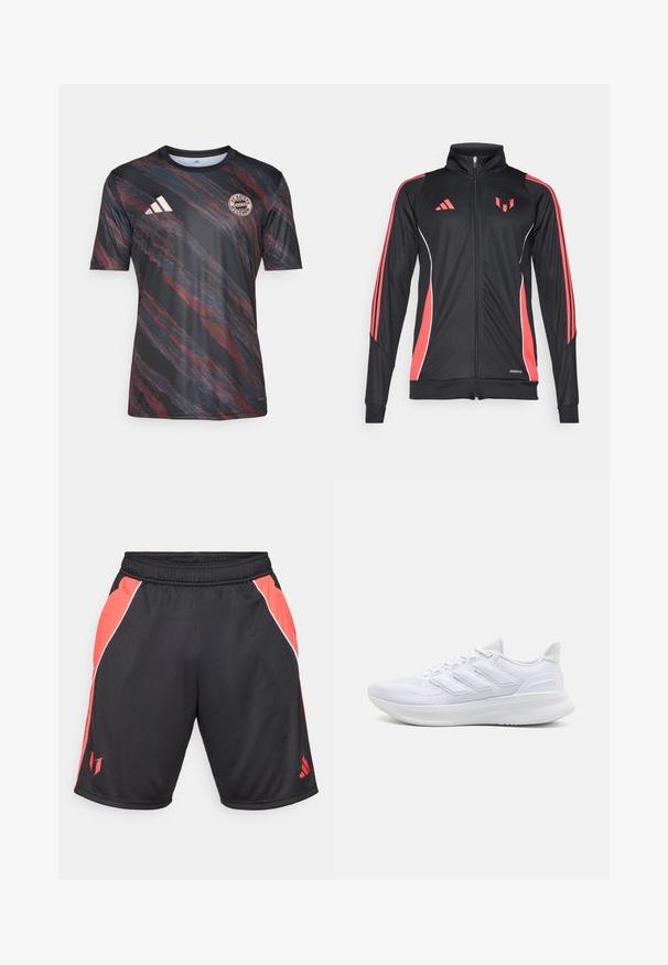 Black athletic jacket with red accents, zip closure, high collar, and white piping. Features three vertical stripes on sleeves. Aeroready branding displayed.; Black and red striped short-sleeve jersey with a crew neck, featuring the Adidas logo and Bayern Munich emblem on the chest.; Black athletic shorts with red side panels, white accent piping, an elastic waistband, and a logo on the lower left leg.; White athletic shoes featuring a textured mesh upper, supportive cushioned sole, and three stripe design on the side.