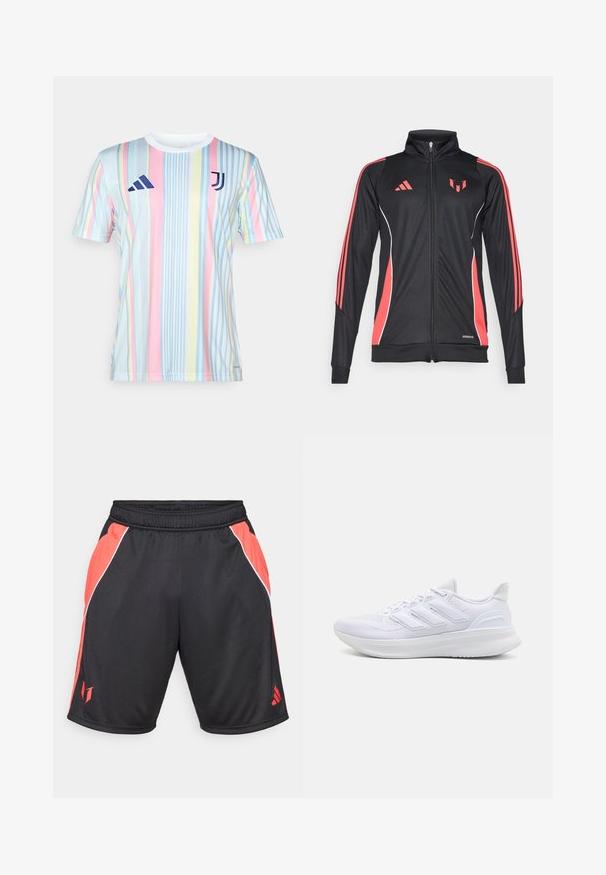 Schwarze Sportjacke mit roten Akzenten, Reißverschluss, hohem Kragen und weißen Paspelierungen. Mit drei vertikalen Streifen auf den Ärmeln. Aeroready-Branding sichtbar.; Juventus gestreiftes Trikot in Pastellfarben, mit vertikalen Linien in Blau, Pink, Gelb und Weiß. Hergestellt aus leichtem, atmungsaktivem Material.; Schwarze Sportshorts mit roten Seitenpaneelen, weißen Akzenten, einem elastischen Bund und einem Logo auf dem unteren linken Bein.; Weiße Sportschuhe mit einem strukturierten Mesh-Obermaterial, einer stützenden gepolsterten Sohle und einem drei Streifen-Design an der Seite.