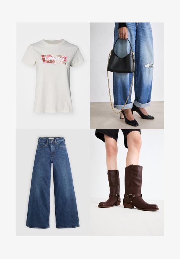 Black cropped jacket featuring a leather body, contrasting fabric panels, front zip closure, and snap button accents on the collar and pockets.; Levi's® LSE THE PERFECT TEE - Print T-shirt - white swan; Wide-leg blue denim jeans with five pockets, a button closure, and contrast stitching, featuring a soft and textured finish.; Brown leather knee-high boots with a rounded toe, textured surface, ankle strap, and silver hardware detail; stacked heel.; Black leather handbag with a curved shape, short handle, and gold chain strap. Worn with distressed blue denim and black high heels.