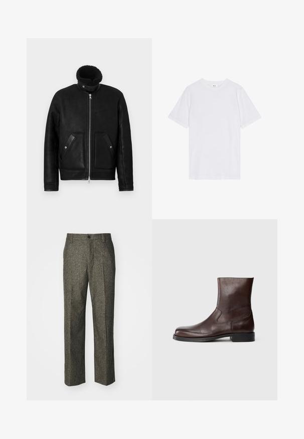 Black leather jacket with a high collar and zipper closure. Features two front pockets with flap details. Smooth texture with a matte finish.; White t-shirt, short sleeves, crew neck, made of cotton, features a smooth texture, straight hem, and minimal design with no patterns.; Wool blend trousers in dark gray with a straight leg design, featuring a button closure and subtle texture throughout the fabric.; Brown leather ankle boots with a smooth texture, rounded toe, minimal stitching, and a flat black rubber sole.