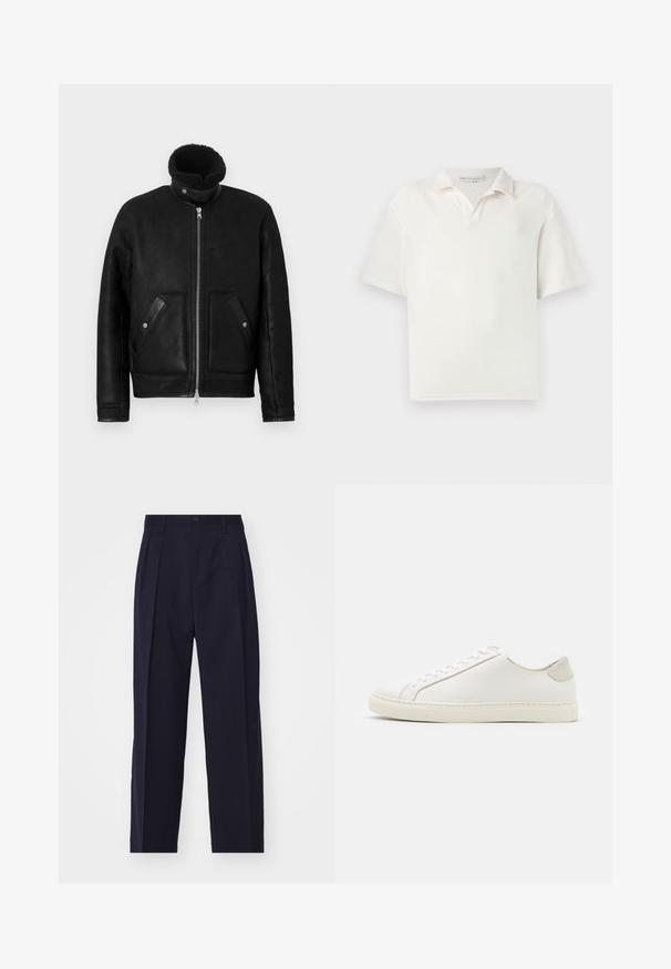 Black leather jacket with a high collar and zipper closure. Features two front pockets with flap details. Smooth texture with a matte finish.; Short-sleeve polo shirt in white, made of textured fabric. Features a classic collar and a subtle placket with two buttons.; Navy blue, tailored trousers with a straight leg design, pleats at the front, button closure, and no visible pockets. Smooth fabric texture.; White leather sneaker with a smooth surface, round toe, and minimalistic design. Features beige accents on the heel and a rubber sole.