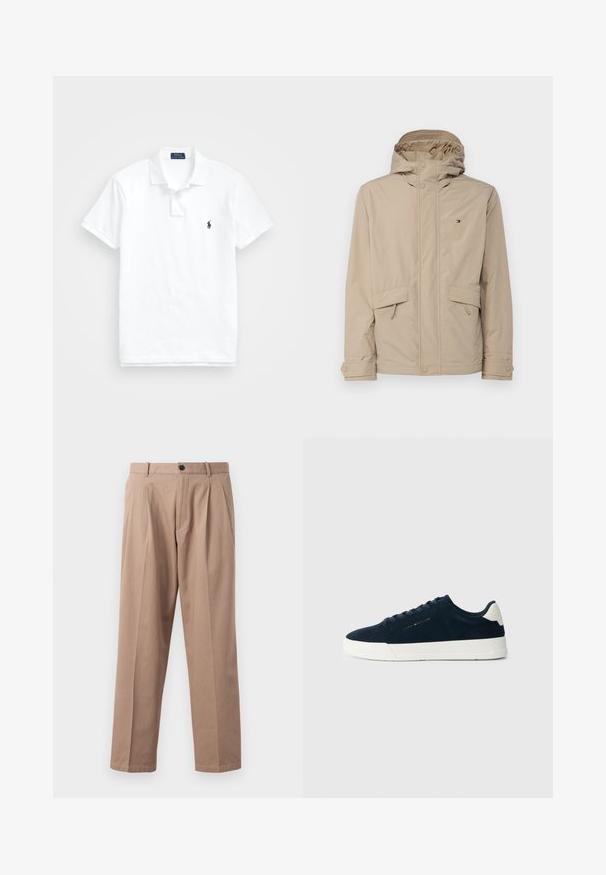 Šviesiai ruda vandeniui atspari striukė su kapuce, priekyje užsegama mygtukais, dviem šoninėm kišenėm ir prekinio ženklo logotipu kairėje krūtinės pusėje. Lygi tekstūra, kasdieniškas dizainas.; Balta polo marškinėliai, pagaminti iš medvilnės. Turi klasikinius apykaklės, tris mygtukus, trumpas rankoves ir mažą tamsiai mėlyną logotipą krūtinėje.; Kreminės spalvos kelnės, pagamintos iš medvilnės, su tiesiu kirpimu, priekinėmis raukšlėmis, mygtuko užsegimu ir šoninėmis kišenėmis. Slysčios tekstūros.; Jūrų jėgerio suknelė iš suedės su balta guma padais, apvaliu toe ir kontrastuojančia kulno juosta; turi tonus laces ir logotipo detalę šone.