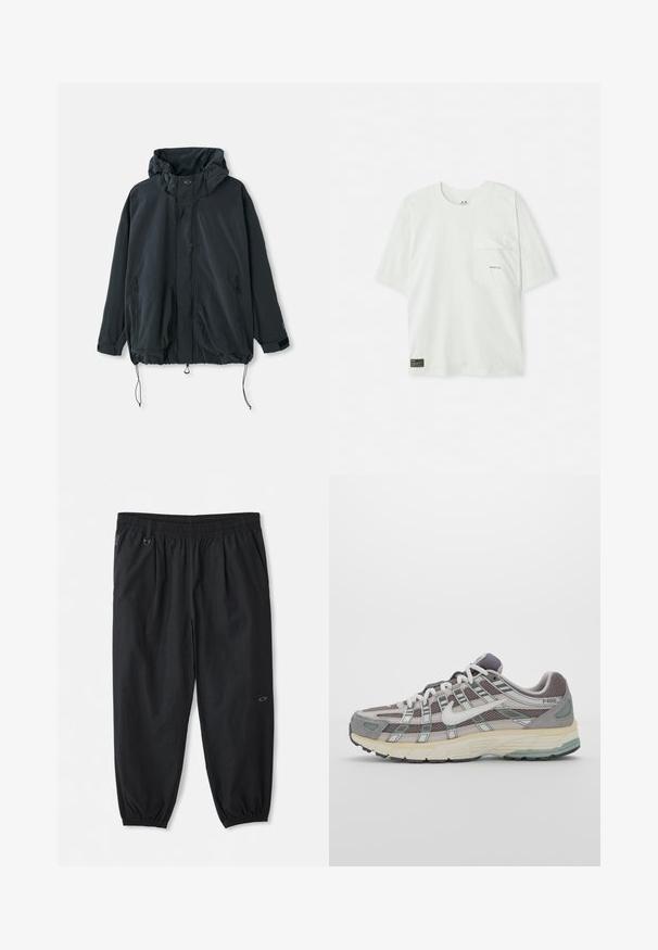 Svart hettejakke laget av lett stoff. Har glidelås, snøring og sidelommer med glidelås. Løs passform.; Kortermet, lys grønn t-skjorte laget av bomull. Har en brystlomme og en liten logo nær lommen. Myk tekstur, uformell design.; Striped langermet skjorte i grønn og hvit. Har en mandarin krage, sidesnører og et merke på den nederste fronten. Lett stoff.; Sorte, uformelle bukser med elastisk liv som har sidelommer, elastiske mansjetter ved ankelen, og en liten logo på høyre lår.; Grå treningssko med overdel i nett og semsket skinn, hvite detaljer, en polstret såle, og et særpreget design med reflekterende elementer.