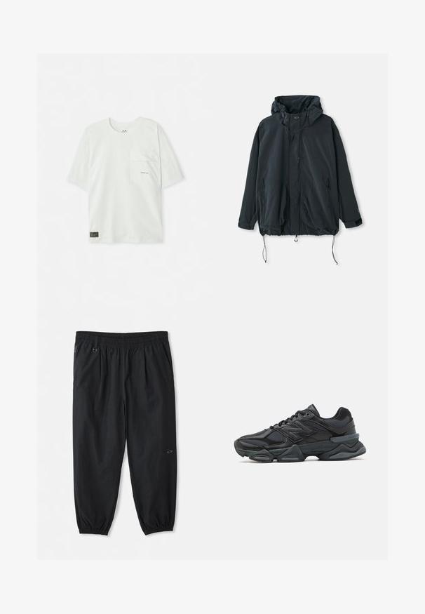 Czarna kurtka z kapturem wykonana z lekkiego materiału. Posiada zamek błyskawiczny, sznurki oraz boczne kieszenie na zamek. Luźny krój.; Koszulka z krótkim rękawem, w jasnym zielonym kolorze, wykonana z bawełny. Posiada kieszeń na piersi oraz małe logo w pobliżu kieszeni. Miękka tekstura, swobodny design.; Pasiasta koszula z długim rękawem w zielono-białym kolorze. Posiada kołnierzyk mandarynki, boczne sznurki oraz metkę marki na dolnej części przodu. Wykonana z lekkiego materiału.; Czarne, casualowe spodnie z elastycznym pasem, posiadające boczne kieszenie, elastyczne mankiety przy kostkach oraz małe logo na prawej udzie.; Czarne buty biegowe z mieszanką siateczki i materiałów syntetycznych, masywną podeszwą, opływowym kształtem oraz wyraźnym brandingiem z boku.
