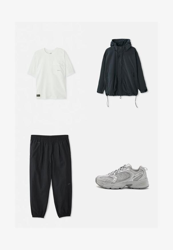 Sort hættejakke lavet af letvægtsstof. Har lynlåslukning, snoretræk og sidelommer med lynlås. Løs pasform.; Kortærmet, lysegrøn t-shirt lavet af bomuld. Har en brystlomme og et lille logo nær lommen. Blød tekstur, afslappet design.; Stribet langærmet skjorte i grøn og hvid. Har kinesisk krave, sidelukninger og en mærkeetiket nederst foran. Letvægtigt stof.; Sort afslappede bukser med elastisk talje, sidelommer, elastiske manchetter ved anklerne og et lille logo på højre lår.; Sølv atletiksko med et strømlinet design, mesh-paneler, polstret tunge, struktureret syntetisk overdel og gummiydersål for godt greb.