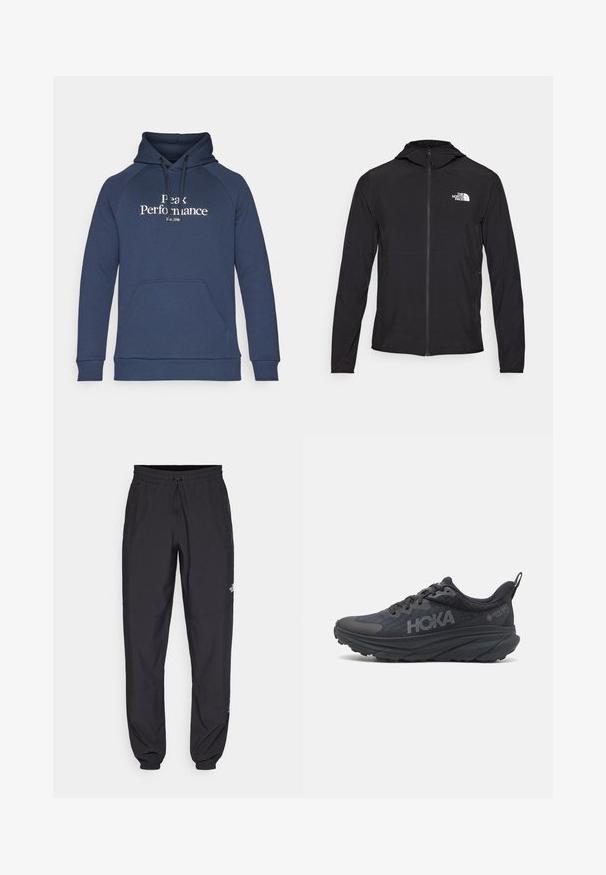 The North Face HOOD - Jakna za prosti čas - black; Mornarsko modra kapuca z žepom za roke na sprednji strani, kapuco s vrvico in belim napisom "Peak Performance". Narejena iz mehkega blaga z rebrastimi manšetami.; Črne atletske hlače iz lahkega materiala, ki imajo elastični pas z vezalko, stranske žepe in zožene manšete na gležnjih.; Črne tekaške čevlje Hoka z mrežasto zgornjim delom, teksturiranimi podrobnostmi in debelim, oblazinjenim podplatom s koničastimi robovi za izboljšano podporo.