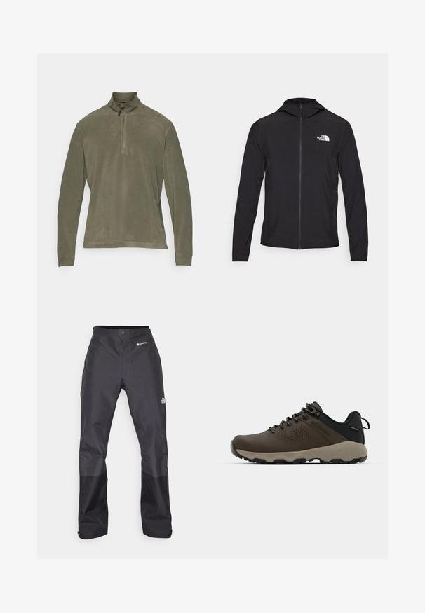 The North Face HOOD - Outdoor jacket - black; CMP MAN - Fleece jumper - olive; Black waterproof pants with a smooth texture, featuring a GORE-TEX logo on the front, and reinforced lower legs for durability.; Brown waterproof sneakers with a textured upper, perforated accents, black heel support, and a grey rubber sole. Laces are styled with metallic ends.