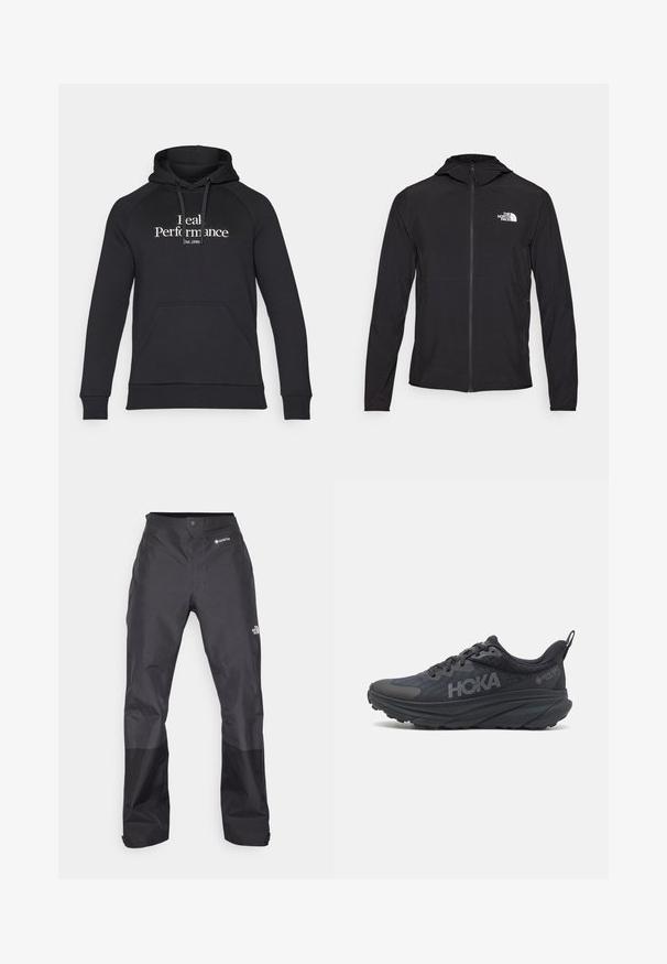The North Face HOOD - Jakna za prosti čas - black; Črna kapuca iz mehkega blaga, s kenguru žepom, rebrastimi manšetami in belim napisom "Real Performance" z "est. 1986" spodaj.; Črne vodoodporne hlače z gladko teksturo, z logotipom GORE-TEX spredaj in okrepjenimi spodnjimi nogami za povečano vzdržljivost.; Črne tekaške čevlje Hoka z mrežasto zgornjim delom, teksturiranimi podrobnostmi in debelim, oblazinjenim podplatom s koničastimi robovi za izboljšano podporo.