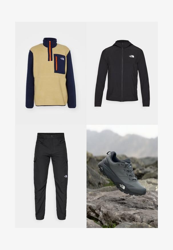 The North Face HOOD - Giacca outdoor - black; The North Face M YUMIORI 1/4 ZIP - Felpa in pile - khaki stone/summit navy; The North Face HORIZON PANT - Pantaloni outdoor - black; Scarpa da trail running grigia con tomaia testurizzata, suola in gomma resistente e punta rinforzata. Presenta lacci e logo del marchio sul lato.