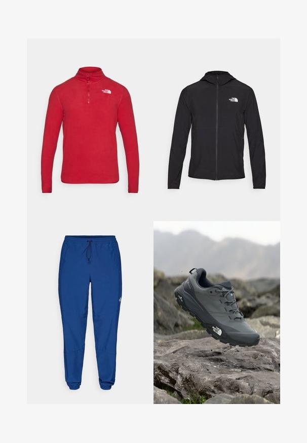 The North Face HOOD - Szabadtéri dzseki - black; The North Face GLACIER 1/4 ZIP - Polárpulóver - garnet red; Kék, könnyű anyagú joggers nadrág, rugalmas derékrésszel, húzózsinórral és rugalmas mandzsettákkal. Oldalsó zsebekkel és logóval rendelkezik a lábszár alján.; Szürke terepfutó cipő, texturált felsőrésszel, tartós gumitalppal és megerősített orr résszel. Fekete fűzők és márka logó a cipő oldalán.