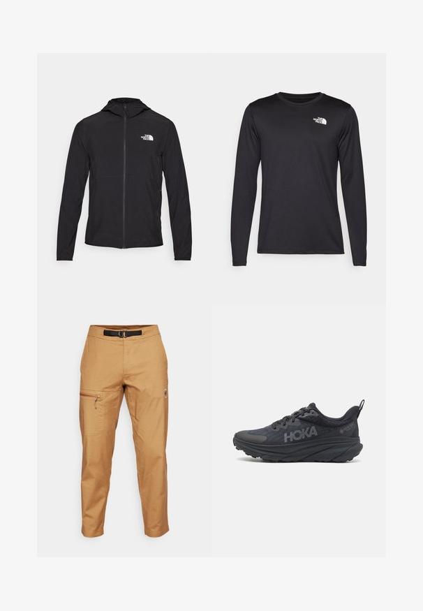 The North Face HOOD - Ulkoilutakki - black; Pitkähihainen musta suorituskykyt-paita, joka on valmistettu kevyestä kankaasta. Vasemmassa ylärinnassa on valkoinen logo. Sujuva pinta.; Vaaleanruskeat cargo-housut, joissa on kapeampi malli, varustettuna vetoketjullisella sivutaskulla ja mustalla vyöllä. Valmistettu teksturoidusta kankaasta.; Musta Hoka-juoksukenkä, jossa on verkko-osa, teksturoituja yksityiskohtia ja paksu, pehmeä pohja, jossa on kapenevat reunat parannetun tuen tarjoamiseksi.