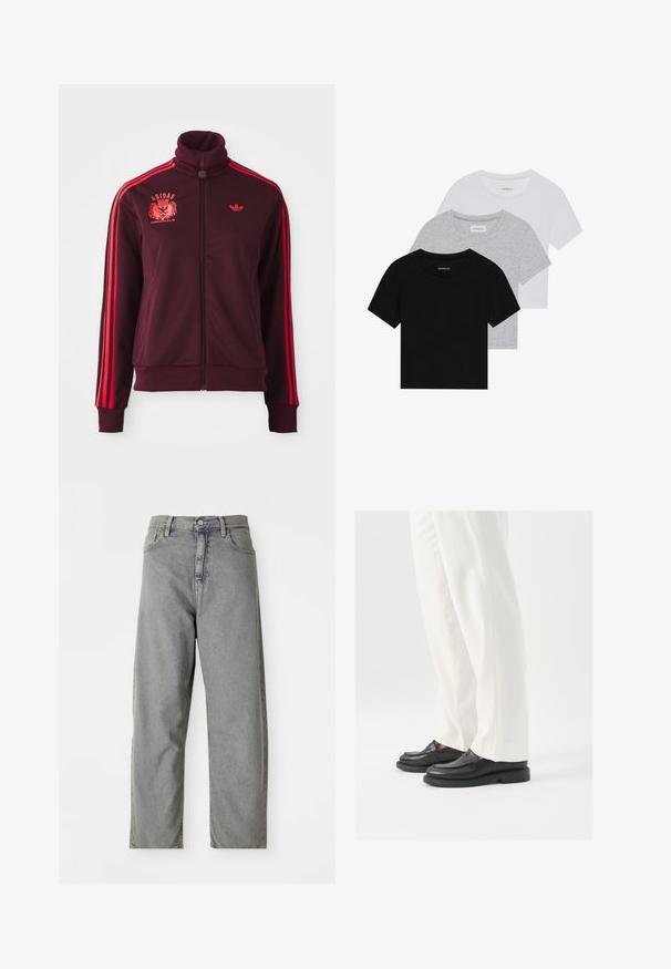 Bordo värvi tõmblukuga treeningjakk kõrge kraega, punased õlavarre triibud ja embrüdeeritud logo vasakul rinnal. Sile kangas, vormitud disain.; Kollektsioon kolm lühikese varrukaga T-särki mustas, hallis ja valges värvitoonis. Valmistatud puuvillast, ümmarguse kaelusega ja lihtsa, ühevärvilise disainiga.; Heled hallid teksapüksid sirge jalaga disainiga, esiküljel nööbiga sulgemine, viis taskut ja kerge pleekimine.; Mustad musta nahast loafers, millel on sile tekstuur, õmblustäiendused ja ümar nina, koos valgete kohandatud pükstega.