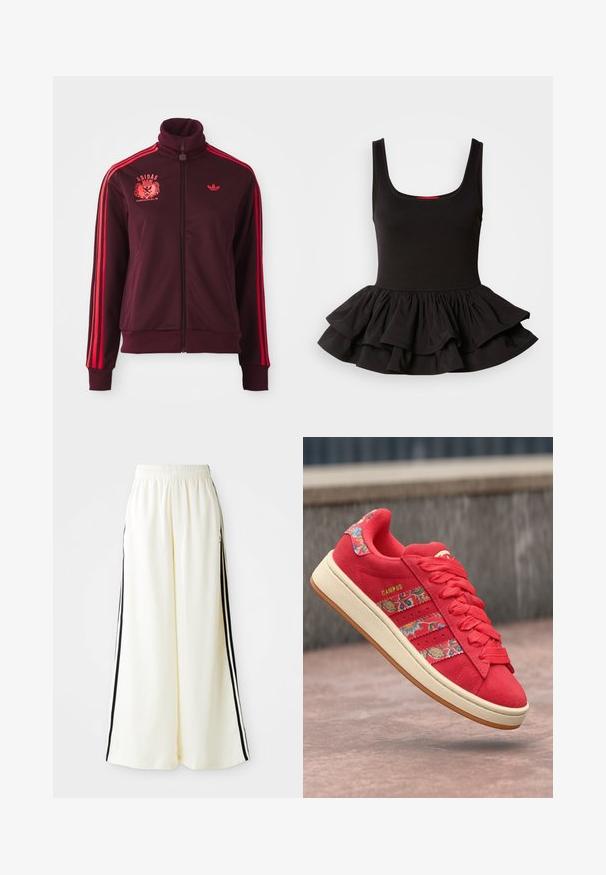 Modra jakna za treniranje sa rajsferšlusom, visokim ovratnikom, crvenim trakama na ramenima i izvezenim logotipom na lijevoj strani prsnog koša. Glatka tkanina, kroj koji se prilagođava tijelu.; Crna majica bez rukava od rastezljivog materijala, s prilagođenim korzetom i naboranim peplum rubom s višeslojnim dizajnom. Glatka tekstura.; Bijele široke hlače s elastičnom gumicom u struku i crnim vertikalnim prugama duž vanjskih šavova.; Crvene antilop tenisice s cvjetnim uzorkom, dizajnom s tri pruge, teksturiranim vezicama i kremasto bijelim gumeni potplat. Zlati detalj s natpisom "CAMPUS".