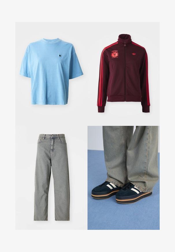 Bordeaux kleurige zip-up trainingsjas met hoge kraag, rode schouderstrepen en geborduurd logo op de linkerkant van de borst. Gladde stof, slim fit ontwerp.; Lichtblauwe katoenen t-shirt met ronde hals, korte mouwen en een vierkante logopatch op de linkerborst. Zachte textuur en een relaxte pasvorm.; Lichtgrijze denim jeans met een rechte pasvorm, voorzien van een knoopsluiting aan de voorkant, vijf zakken en subtiele vervaging.; Donkerblauwe suède platform sneakers met witte strepen en zwarte veters. Voorzien van een dikke bruine rubberen zool. Gecombineerd met lichtblauwe denim broek.