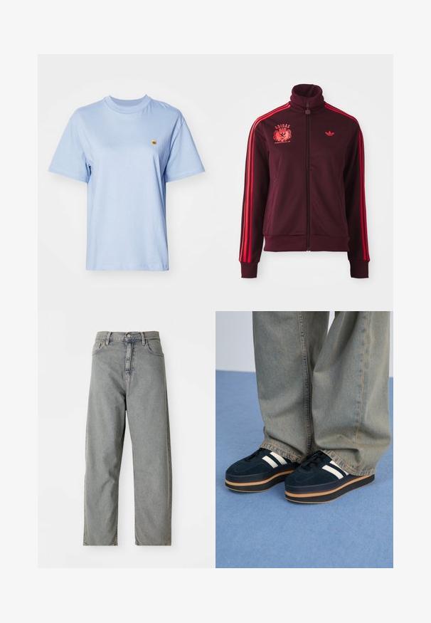 Bordeauxfarbene Reißverschluss-Trainingsjacke mit hohem Kragen, roten Schulterstreifen und gesticktem Logo auf der linken Brust. Glattes Material, figurbetontes Design.; Hellblaues Baumwoll-T-Shirt mit kurzen Ärmeln, rundem Halsausschnitt und kleinem gelben gestickten Logo auf der Brust. Weicher Stoff, lockere Passform.; Helle graue Jeans aus Denim mit geradem Bein, ausgestattet mit einem button-closure vorne, fünf Taschen und einem dezenten Verblassen.; Dunkelblaue Wildleder-Plattform-Sneaker mit weißen Streifen und schwarzen Schnürsenkeln. Mit einer dicken braunen Gummisohle ausgestattet. Tragen Sie sie mit hellblauen Jeans.