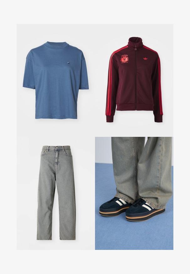 Bordeauxfarbene Reißverschluss-Trainingsjacke mit hohem Kragen, roten Schulterstreifen und gesticktem Logo auf der linken Brust. Glattes Material, figurbetontes Design.; Carhartt WIP CHESTER - T-Shirt basic - positano; Helle graue Jeans aus Denim mit geradem Bein, ausgestattet mit einem button-closure vorne, fünf Taschen und einem dezenten Verblassen.; Dunkelblaue Wildleder-Plattform-Sneaker mit weißen Streifen und schwarzen Schnürsenkeln. Mit einer dicken braunen Gummisohle ausgestattet. Tragen Sie sie mit hellblauen Jeans.