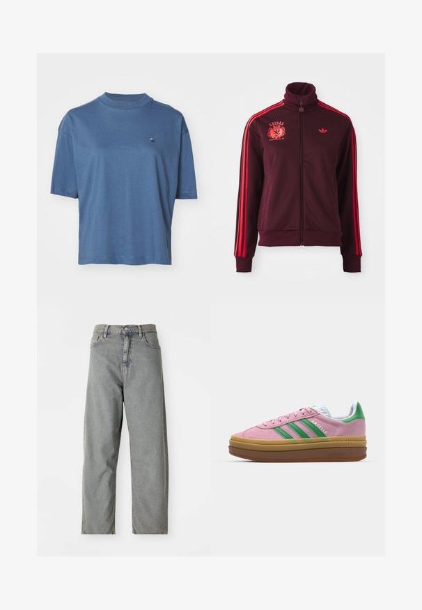 Giacca a track zip-up color bordeaux con colletto alto, strisce rosse sulle spalle e logo ricamato sul petto sinistro. Tessuto liscio, design aderente.; Carhartt WIP CHESTER - T-shirt basic - positano; Jeans in denim grigio chiaro con design a gamba dritta, dotati di chiusura frontale con bottone, cinque tasche e un leggero effetto scolorito.; Sneakers in suede rosa con strisce verdi, dettagli bianchi e suola in gomma marrone. Presentano un tessuto testurizzato e un logo sulla parte laterale.