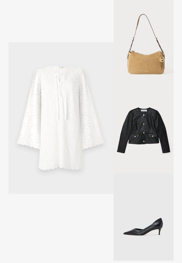 Crna jakna od umjetne kože, skraćena, s dugim rukavima, okruglim izrezom i zlatnim kopčama na dugmadi. Ima dva prednja džepa s preklopima.; Bijela čipkasta tunika s okruglim izrezom, dugim lepršavim rukavima i detaljem vezivanja sprijeda. Valoviti rub dodaje teksturu i vizualni interes.; Crna kožna cipela s vrhom u špic i niskom petom. Ima glatku teksturu i suptilan sjaj. Prednji dio je otvoren za dodatni detalj.; Tamnasta kožna torba s ravnim oblikom, zlatnim detaljima i zatvaranjem na patentni zatvarač. Ima privjesak s inicijalima "MK."