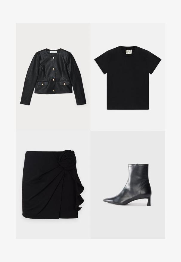 Schwarze Kunstleder-Cropped-Jacke mit langen Ärmeln, rundem Ausschnitt und goldenen Knopfverschluss. Mit zwei Vorderaschen mit Klappen.; Schwarzes Kurzarm-T-Shirt mit Rundhalsausschnitt und einem weißen Etikett im Kragen, darauf steht "D.R.C. EST. 2002", vor einem weißen Hintergrund.; Schwarzer Minirock aus weichem Stoff mit einem gefältelten Design. Besitzt ein Stoffrose-Detail an der Seite und einen gerafften Saum.; Schwarze Lederstiefelette mit spitzer Zehe und schlankem Design. Verfügt über einen niedrigen Absatz und einen Reißverschluss hinten. Glatte Textur.