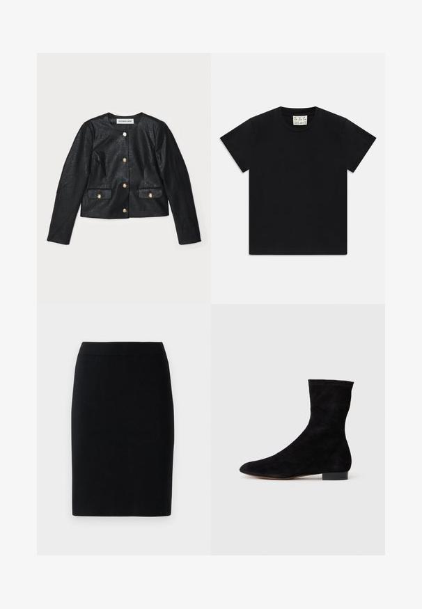 Fekete műbőr, rövid szabású dzseki hosszú ujjakkal, kerek nyakkivágással és arany gombos záródással. Két elülső zseb flap-kal.; Fekete, rövid ujjú, kerek nyakú póló fehér címkével a gallér belsejében, amelyen az "D.R.C. EST. 2002" felirat szerepel, fehér háttéren.; Fekete, térd alá érő ceruzaszoknya, rugalmas derékkal, egyszerű fehér háttér előtt.; Fekete velúr bokacsizma, illeszkedő szárral, hegyes orral és alacsony blokk sarokkal. Simább felület és minimalista dizájn, amely sokoldalú stílushoz megfelelő.