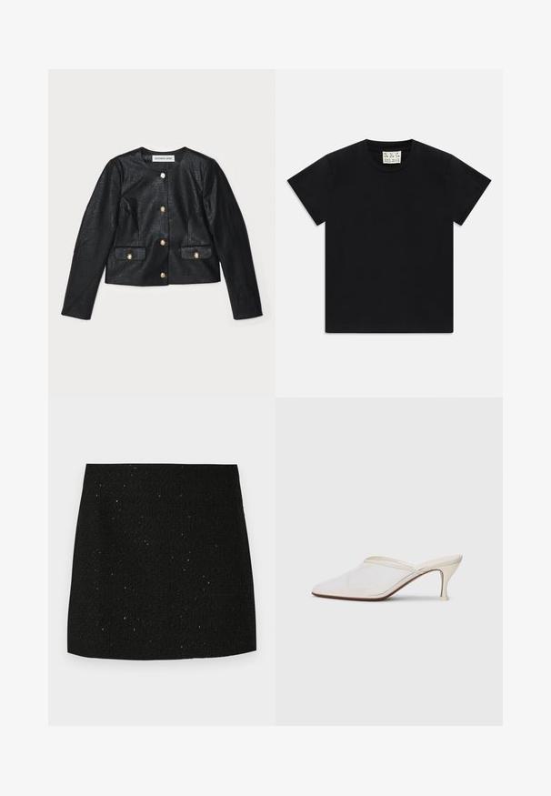 Czarna kurtka ze sztucznej skóry, krótka, z długimi rękawami, okrągłym dekoltem i złotymi guzikami. Posiada dwie przednie kieszenie z klapami.; Czarny t-shirt z krótkim rękawem i okrągłym dekoltem, z białą metką wewnątrz kołnierza oznaczoną "D.R.C. EST. 2002" na białym tle.; Czarna teksturowana mini spódnica z subtelnymi błyszczącymi drobinkami, prosta kroju, bez widocznych ozdób czy wzorów.; Białe melanżowe mule z ostro zakończonym noskiem, o smukłym średnim obcasie i wsuwanej konstrukcji na jednolitym tle.