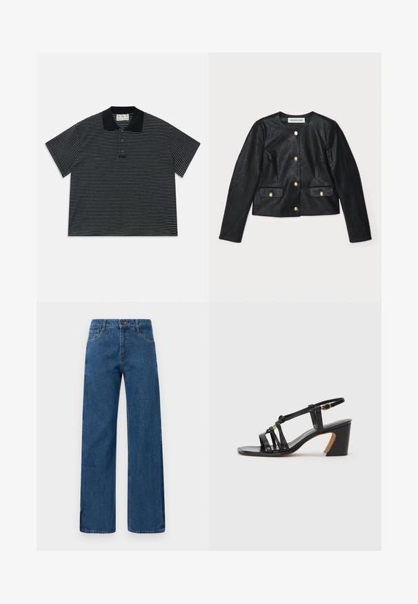 Melnās mākslīgās ādas īsās jakas ar garām piedurknēm, apaļu apkakli un zeltītām pogām. Iekļautas divas priekšējās kabatas ar atloci.; Melns īsām piedurknēm polo krekls ar plānām baltām horizontālām svītrām un trim pogām priekšpusē, ar melnu apkakli un auduma birku iekšpusē kaklā.; Zilas augstās jostas platajās biksēs ir priekšējās un aizmugurējās kabatas, pogu aizdare un redzama diegu šuvuma uz balta fona.; Paul Smith AMIRA - Klasiski papēži - black