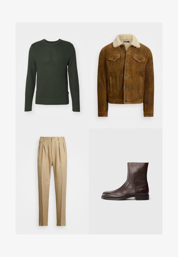 Ruda odinė striukė su dirbtinio kailio apykakle, matomomis priekinių kišenėmis ir mygtukų uždarymu. Sklandi tekstūra su klasikinio dizaino elementais.; J.LINDEBERG OLIVER STRUCTURE - Džemperis - forest green; Bežinės lininės kelnės tiesaus kirpimo, turinčios dvi priekinės klostes, sagų užsegimą ir šonines kišenes. Tekstūruotas audinys su lygiu paviršiumi.; Rudos odiniai kulkšninių batai su lygiu paviršiumi, apvaliu batu priekiniu kraštu, minimaliais siūlais ir plokščiu juodu guminio pado.