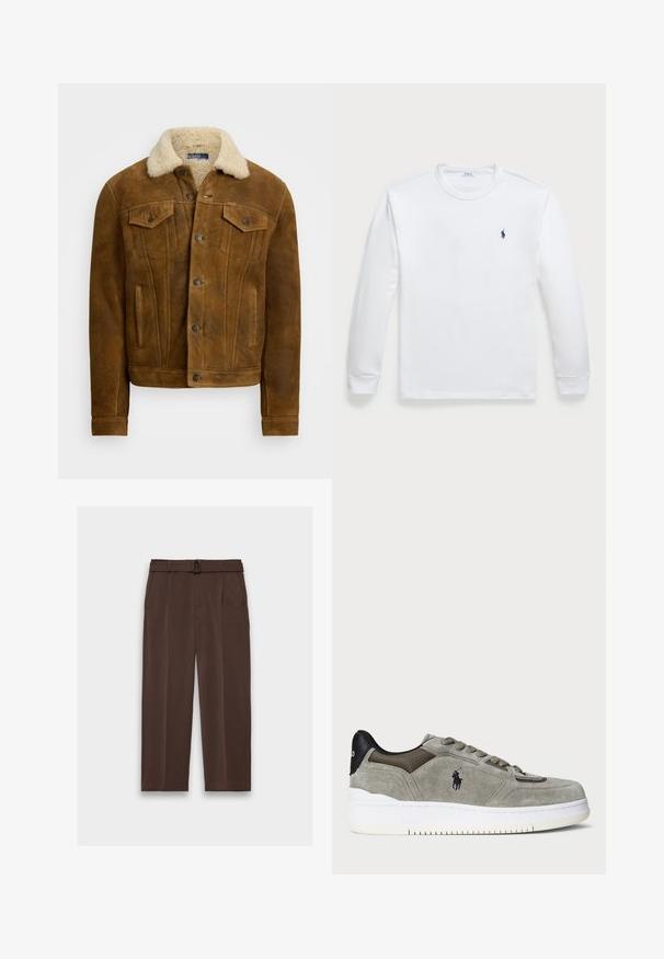 Ruda odinė striukė su dirbtinio kailio apykakle, matomomis priekinių kišenėmis ir mygtukų uždarymu. Sklandi tekstūra su klasikinio dizaino elementais.; Ilgų rankovių baltas T-shirt, pagamintas iš medvilnės, turi apykaklę ir mažą tamsiai mėlyną logotipą kairėje krūtinės pusėje. Sklandus tekstūros, paprastas dizainas.; Rudos kelnes su diržu, aukštu liemeniu, raukšlėta priekyje ir šoninėmis kišenėmis; pagamintos iš lygaus, tekstūruoto audinio.; Pilkos zomšos sportbačiai su tekstūruotu paviršiumi, kontrastiniu juodu kulnu, baltu padu ir siuvinėtu logotipu. Laidinimo dizainas su šešiais užtrauktukais.