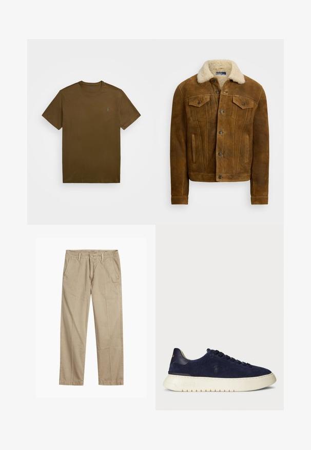 Hnědá kožená bunda s límcem z umělé kožešiny, viditelnými předními kapsami a knoflíkovým zapínáním. Hladká textura s klasickým designem.; Hnědé bavlněné tričko s kulatým výstřihem a krátkými rukávy. Na levé straně hrudi se nachází malé modré logo. Hladká textilie, ležérní design.; Beige rovné chino kalhoty s poutky na opasek, zapínáním na přední knoflík a zip, a šikmými předními kapsami.; Navy semišové nízké tenisky s texturovaným povrchem, gumovou podrážkou a tónovacími šňůrkami, s malým logem na boku a patě.