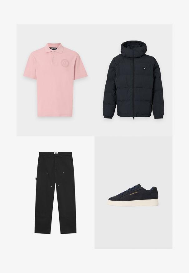 Kurtka puchowa w ciemnym granacie w kratkę, z kapturem, zamkiem błyskawicznym, elastycznymi mankietami i małym logo na piersi.; Just Cavalli - Koszulka polo; Czarne bawełniane spodnie mają prosty krój, wyraźne szwy, kieszenie boczne oraz metalowe zatrzaski na przednich panelach.; Granatowe zamszowe sneakersy niskie z białą podeszwą, granatowymi sznurówkami i logo "Filling Pieces" w złotym kolorze na boku.