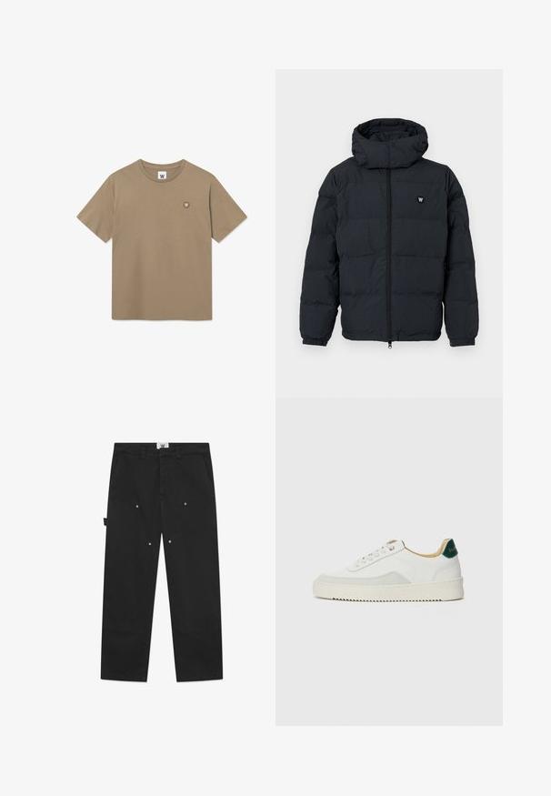 Puffer jacket in dark navy with a grid pattern, featuring a hood, zip closure, elastic cuffs, and a small logo on the chest.; Tan short-sleeve crewneck t-shirt with small round logo patch featuring a white "W" on the left chest.; Black cotton trousers feature a straight cut, noticeable stitching, side pockets, and metal snap details on the front panels.; White sneaker with suede accents, rounded toe, flat laces, and a cream rubber sole. Features green branding on the heel.