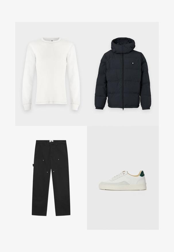 Tumesinise ruudulise mustriga puffjakker, millel on kapuuts, tõmblukk, elastsed mansetid ja väike logo rinna peal.; Valge pikakä sleeves soe särk ribakujundusega, ümar kaelus ja mansetiga varrukad. Puhtad, voolujoonelised jooned neutraalses värvitoonis.; Mustad puuvillased püksid on sirge lõikega, neil on märgatavad õmblused, küljetaskud ja metallnööbid esipaneelidel.; Valged tennisjalanõud, millel on sametised aktsendid, ümar varvas, lame nöörid ja kreemjas kummine põhja. Hästi nähtav roheline bränding kannal.