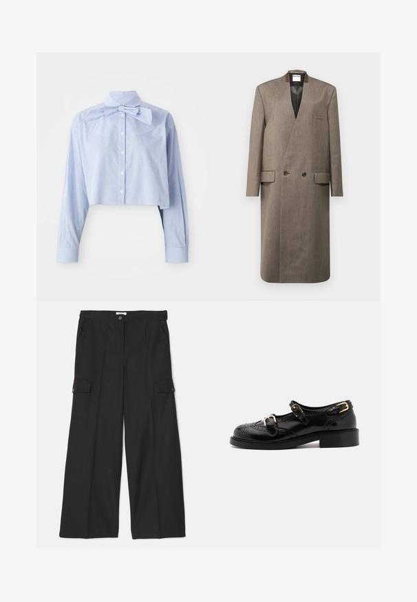 Brązowy wełniany płaszcz z podwójnym zapięciem, z klapami, dwiema przednimi kieszeniami oraz gładką fakturą. Podszyty wnętrze i dopasowany krój.; Jasnoniebieska i biała bluzka w małe krateczki, skrócona, z długimi rękawami, z przodem na guziki, wysokim kołnierzem i dużym detalem w postaci kokardy.; Czarne spodnie w szerokim kroju wykonane z gładkiego, trwałego materiału. Posiadają przednie kieszenie oraz dwie kieszenie cargo z zapięciem na guziki.; Czarne skórzane buty z detalami brogu, z dwoma klamrami, okrągłym noskiem i niskim obcasem. Gładka tekstura z błyszczącym wykończeniem.