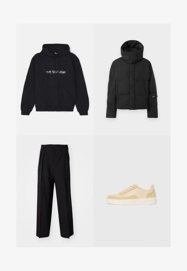 Casaco puffer preto com gola alta, apresentando uma textura de tecido suave, fecho com zíper e dois bolsos frontais. Etiqueta da marca na manga.; Hoodie preto feito de um tecido suave e espesso. Apresenta um bolso frontal, capuz com cordão e um logótipo metálico ao centro.; Calças pretas plissadas com um design reto e de perna larga. Feitas de um tecido liso, apresentam um fecho de botão e passantes para cinto.; Ténis em camurça e pele amarelo claro, com sola almofadada e detalhes cosidos. Design clássico com atacadores e bico arredondado.
