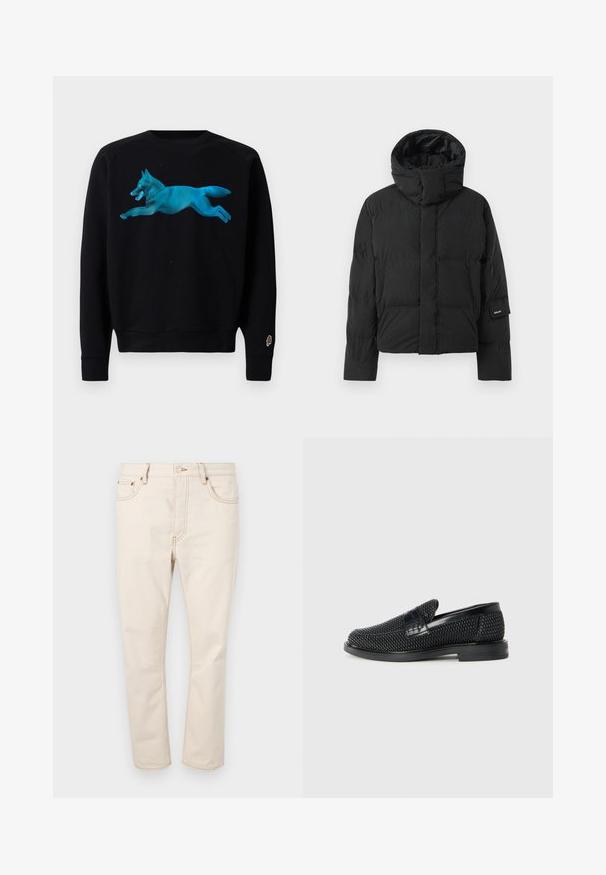 Musta puhvijakku, jossa on korkea kaulus, sileä kangaspinta, vetoketjusuljenta ja kaksi etutaskua. Merkkilogo hihassa.; Musta huppari, jossa on turkoosi graafinen kuva hyppivästä foxista. Varustettu ribbikuvioiduilla hihansuilla ja helmalla sekä pienellä jäätelötötterölmerkillä hihassa.; Beige farkkuhousut suoranlahkeisella leikkauksella, joissa on viisi taskua, kontrastiväriset ompeleet ja napitus pehmeässä vyötärössä.; Musta kudottu liukupohjallinen kenka, jossa on sileä nahkakorostus päällisessä, pyöreä kärki ja matala kumipohja.