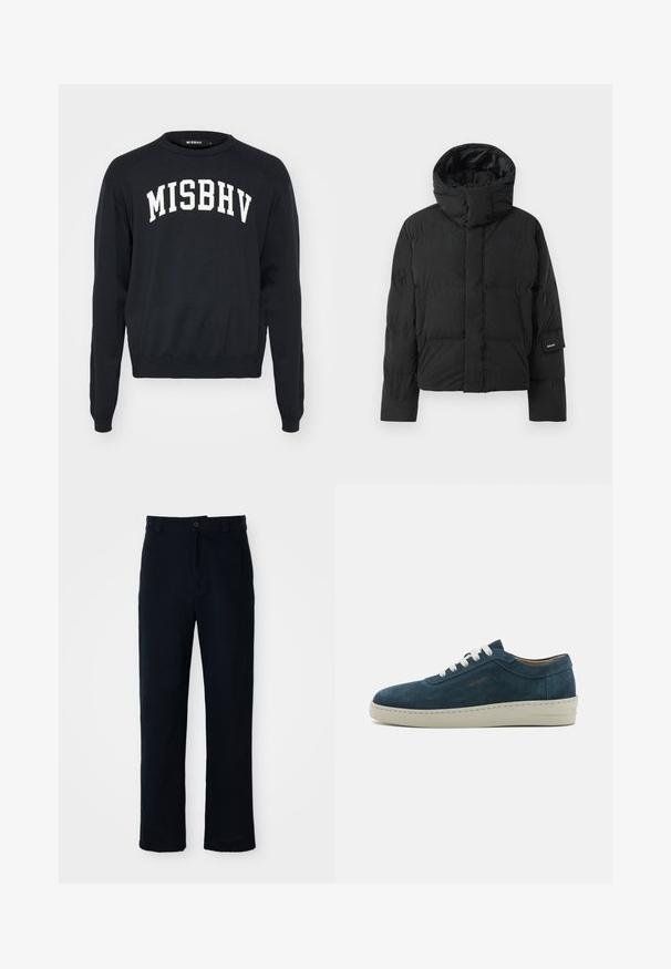 Melna pūkaina jaka ar augstu apkakli, ar gludu auduma faktūru, ar rāvējslēdzēja aizdari un divām priekšējām kabatām. Zīmola uzlīme uz piedurknes.; Melnā džemperis ar baltu "MISBHV" izšuvumu, ribota tekstūra uz pleciem, apaļa kakla izgriezums un piegulošas piedurknes; izgatavots no mīkstas adītas materiāla.; Kokvilnas tumši zilas bikses ar taisnu kāju dizainu, priekšējo pogu aizdari un klasisku jostasvietu ar jostas cilpiņām.; Zilas zamšādas apavi ar noapaļotu purngalu, baltiem šņorēm un gumijas zoli. Iekļauj diskrētu šuvumu un zīmola akcentu sānos.