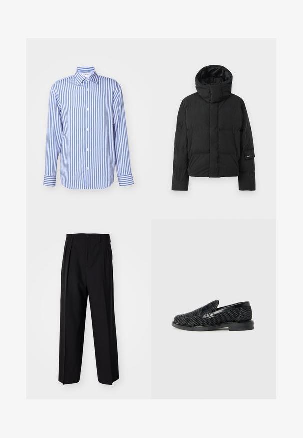 Čierna puffová bunda s vysokým golierom, vyrobená z hladkého materiálu, so zipsovým zapínaním a dvoma prednými vreckami. Nálepka značky na rukáve.; Modrá a biela pruhovaná košeľa, s golierom, dlhými rukávmi, zapínaním na gombíky, z jemnej látky, s gombíkovými manžetami a rovnomerne rozmiestnenými vertikálnymi pruhmi.; Čierne skladané nohavice s rovnom, širokým strihom. Vyrobené z hladkého materiálu, s gombíkovým zapínaním a pútkami na opasok.; Čierne tkané slip-on topánky s hladkým koženým akcentom na vrchnej časti, s okrúlym dizajnom špičky a nízkoprofilovou gumovou podrážkou.