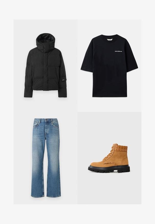 Black puffer jacket with a high collar, featuring a smooth fabric texture, zip closure, and two front pockets. Brand label on sleeve.; Black cotton T-shirt with short sleeves, crew neck, and a small white "HOLZWEILER" logo on the front, featuring a loose fit.; Light blue denim jeans with a wide-leg design, straight cut, five pockets, and a button closure at the waistband. Faded texture throughout.; Tan suede ankle boot with textured leather accents, metal eyelets, and a rugged black rubber sole. Features embossed branding on the shaft.