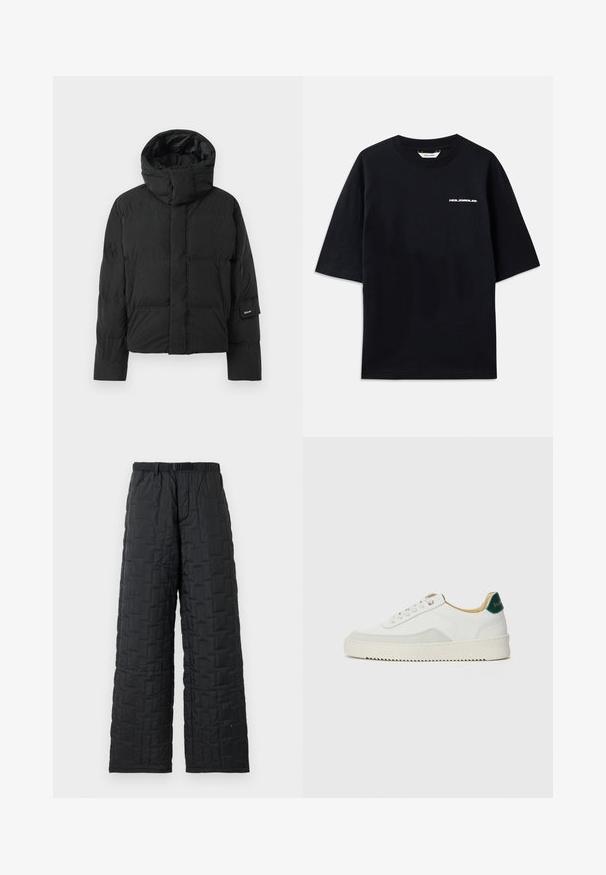 Juodas pūkinis džemperis su aukšta apykakle, turintis lygų audinio tekstūrą, užtrauktuką ir du priekiniai kišeniai. Ženkliukas ant rankovės.; Juodas medvilninis marškinėlis trumpomis rankovėmis, apvaliu iškirpimu ir mažuoju baltu "HOLZWEILER" logotipu priekyje, pasižymintis laisvu siluetu.; Juodos siuvinėjamos kelnės su laisvu siluetu, turinčios tekstūruotą raštą, elastinę juosmenį su diržu ir dvi šonines kišenes.; Baltos sportbačiai su zomšos akcentais, apvaliu nosiu, plokščiais raišteliais ir kreminės spalvos guminiu padu. Ant kulno yra žalia ženklinimo detalė.