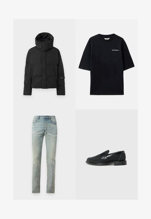 Fekete pufferszüvetes kabát magas gallérral, sima anyagtextúrával, cipzáras záródással és két elülső zsebbel. Márkajelzés az ujjon.; Fekete pamut póló rövid ujjakkal, kerek nyakkivágással és egy kis fehér "HOLZWEILER" logóval az elején, amely laza szabású.; Világoskék, magas derékú, slim fit farmernadrág. Halványabb részek és fröccsenés részletek találhatók rajta. Farmerből készült, ellentétes varrással.; Fekete szőtt slip-on cipő sima bőr díszítéssel a felsőrészen, kerek orral és alacsony profilos gumitalppal.