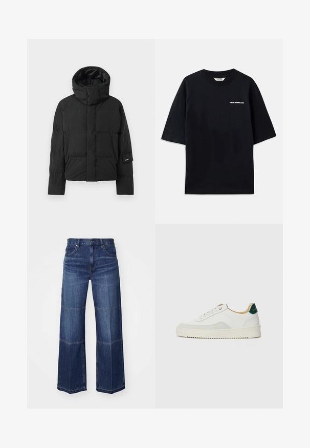 Chaqueta de plumón negra con cuello alto, que presenta una textura de tela suave, cierres de cremallera y dos bolsillos frontales. Etiqueta de la marca en la manga.; Camiseta de algodón negra, de manga corta, con cuello redondo y un pequeño logo blanco "HOLZWEILER" en la parte frontal, con un corte holgado.; Jeans de denim de pierna ancha en azul oscuro, con paneles en contraste, un diseño clásico de cinco bolsillos y detalles de costura tradicional.; Zapatilla blanca con acentos de ante, puntera redondeada, cordones planos y suela de goma color crema. Presenta un logo verde en el talón.