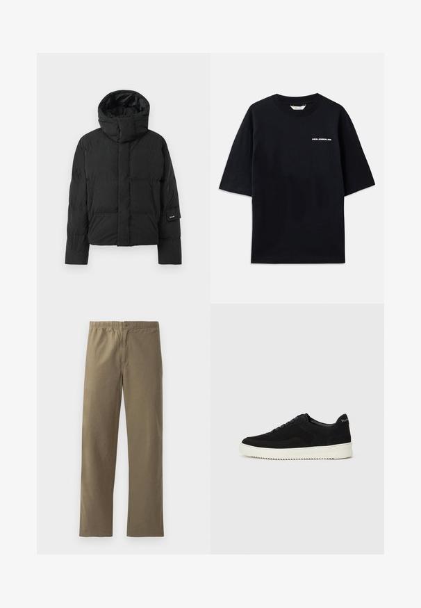 Črna puffer jakna z visokim ovratnikom, z gladko teksturo blaga, zadrgo in dvema sprednjima žepoma. Oznaka blagovne znamke na rokavu.; Črna bombažna majica s kratkimi rokavi, okroglim izrezom in majhnim belim logotipom "HOLZWEILER" na sprednji strani, ki se ponaša s ohlapnim krojem.; Khačaste hlače iz lahkotnega materiala. Imajo elastičen pas, gumbasto zaponko, ravne noge in gladko teksturo.; Črni semiš teniški copati z vezalkami in kontrastnim belim gumijastim podplatom. Imajo teksturirane stranske panele in subtilno oznako na peti.