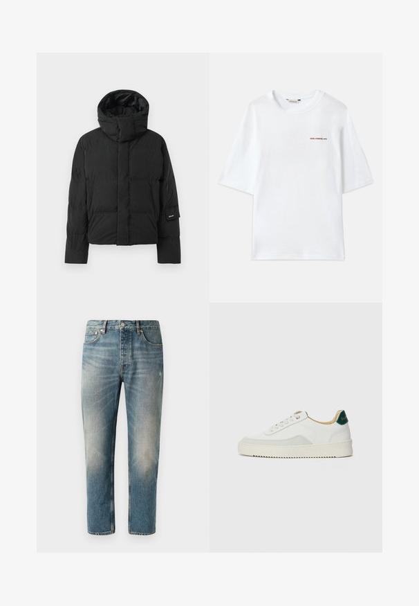 Juodas pūkinis džemperis su aukšta apykakle, turintis lygų audinio tekstūrą, užtrauktuką ir du priekiniai kišeniai. Ženkliukas ant rankovės.; Balta medvilnė t-shirt su trumpomis rankovėmis, apvaliu kaklu ir mažu rudu "Holzweiler" logo priekyje. Lygi tekstūra, laisvas siluetas.; Šviesiai mėlyni džinsai su tiesiu kirpimu. Yra mygtuko užsegimas, penki kišenės ir subtilios nudilimo vietos bei plaukelių efektas šlaunų srityje.; Baltos sportbačiai su zomšos akcentais, apvaliu nosiu, plokščiais raišteliais ir kreminės spalvos guminiu padu. Ant kulno yra žalia ženklinimo detalė.