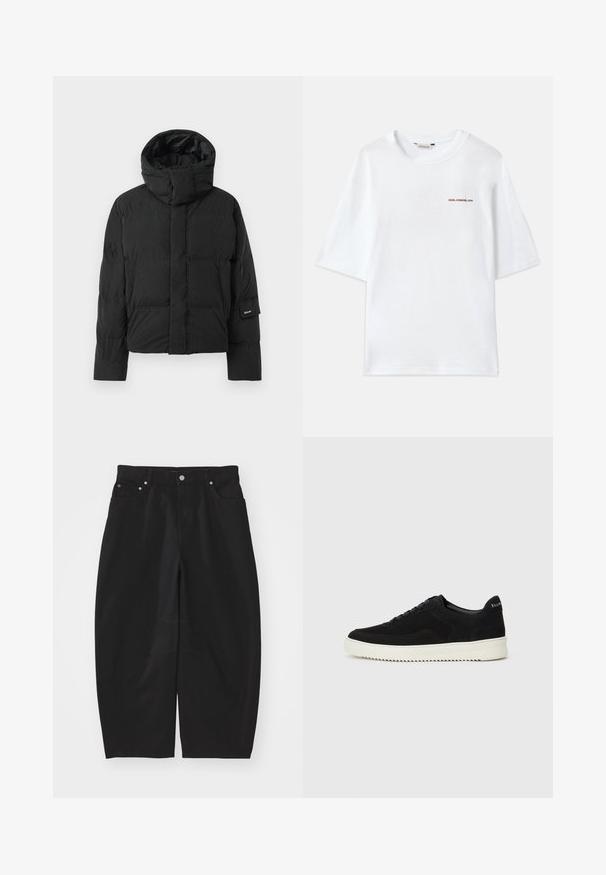 Black puffer jacket with a high collar, featuring a smooth fabric texture, zip closure, and two front pockets. Brand label on sleeve.; White cotton t-shirt with short sleeves, round neck, and a small "Holzweiler" logo in brown on the front. Smooth texture, relaxed fit.; Helmut Lang COCOON GALLERY - Relaxed fit jeans - black; Black suede sneaker with lace-up design and contrasting white rubber sole. Features textured side panels and subtle branding on the heel.