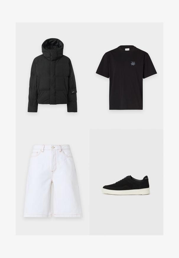Mustan värvi puhvjakker kõrge kaelusega, sileda kangast tekstuuriga, ettearvestatud tõmbluku ja kahe esitaskuga. Brändi etikett varrukal.; Must mustaga T-särk, millel on ümar kaelus ja lühikesed varrukad. Vasakul rinnal on väike sinine logo. Lihtne, sirge lõikega disain.; Valged denimi lühikesed püksid, millel on sirge lõige, viis taskut ja kontrastne pruun õmblus. Sisaldab ees nupul ja tõmblukku.; Mustad suede jooksujalatsid, millel on paelad ja kontrastne valge kummitald. Omab tekstuuriga külgpaneele ja tagasihoidlikku brändimist kandadel.