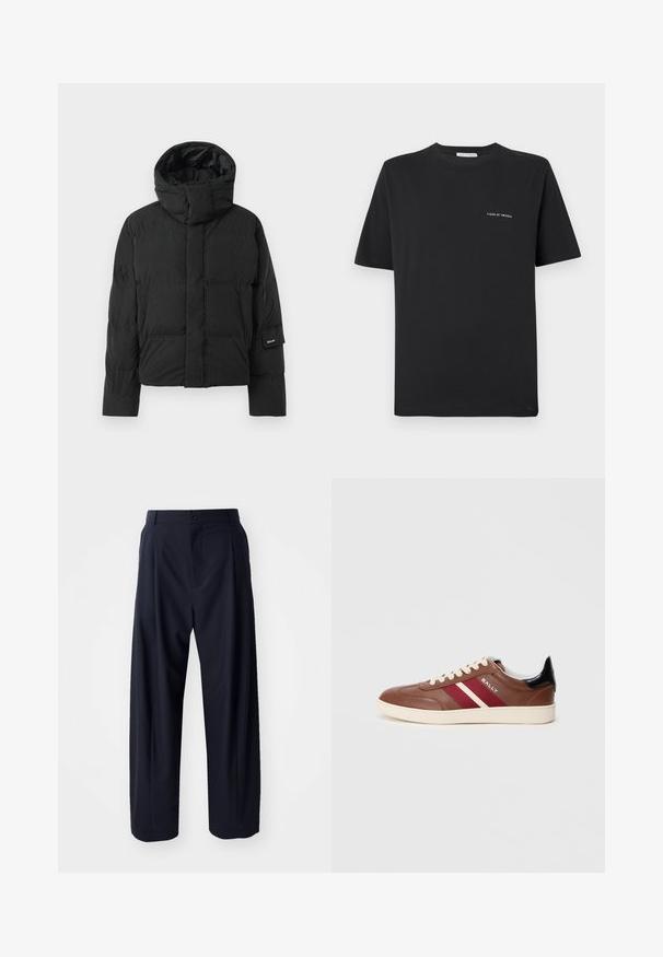 Mustan värvi puhvjakker kõrge kaelusega, sileda kangast tekstuuriga, ettearvestatud tõmbluku ja kahe esitaskuga. Brändi etikett varrukal.; Must alune T-särk, ümmarguse kaelusega, lühikeste varrukatega ja väikese valge "TIGER OF SWEDEN" logoga rinnal. Klassikaline lõige.; Henrik Vibskov CLAUS PANT - Püksid - tropical navy; Pruun nahast spordijalats valgete ja burgundia triipudega, beežide paeltega ja musta kandiga aktsendiga. Omab kummist talda ja siledat tekstuuri.