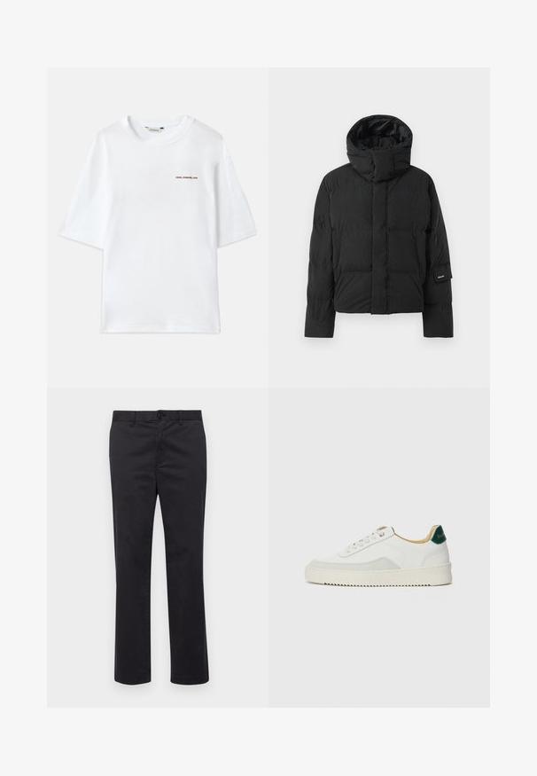 Svart puffjacka med hög krage, som har en slät tygkänsla, dragkedjestängning och två framfickor. Märkesetikett på ärmen.; Vit bomull t-shirt med korta ärmar, rund hals och en liten "Holzweiler"-logotyp i brunt på framsidan. Slät textur, avslappnad passform.; Svarta bomullbyxor med rak bendesign, med knäppning och bälteshällor. Slät textur, inga synliga mönster eller detaljer.; Vit sneaker med mockadetaljer, rund tå, platta snören och en krämfärgad gummisula. Har grön branding på hälen.